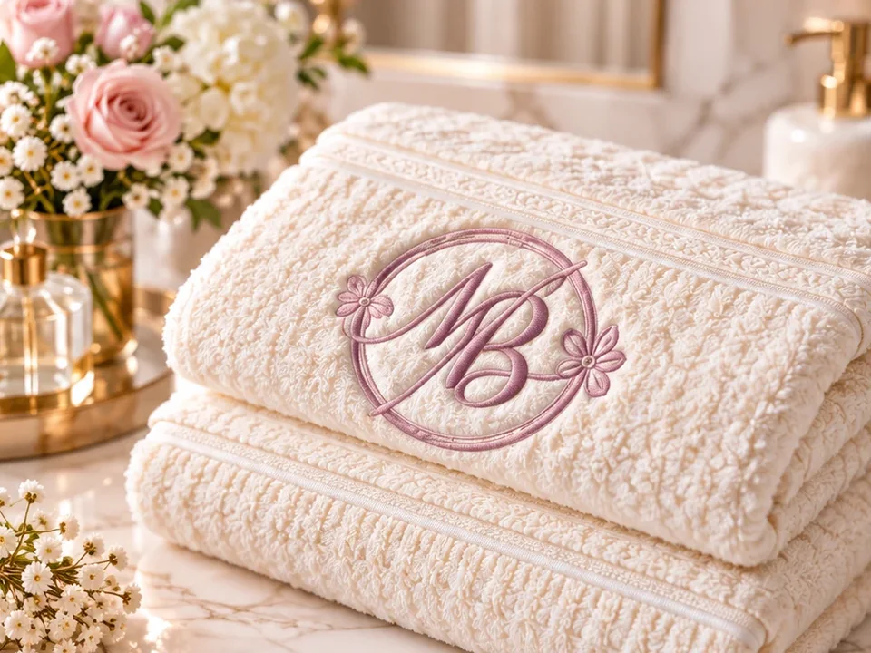 Duas toalhas de banho creme empilhadas com monograma floral bordado em lilás
